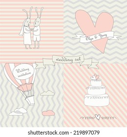 Wedding set with cute loving bunnies, balloon, cake and heart