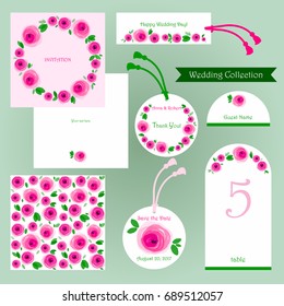 Wedding set with decorative hand drawn pink flowers and green leaves. Invitation, greeting card, label and seamless vector pattern. 