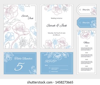 Wedding set. Design with flowers and leaves. Vector cute  floral layout
