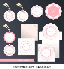 Wedding set. Design templates. Invitation, invitation, cards, label. Oriental patterns in pastel pink and gold tones.