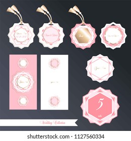 Wedding set. Design templates. Invitation, cards, label. Oriental patterns in pastel pink and gold tones.