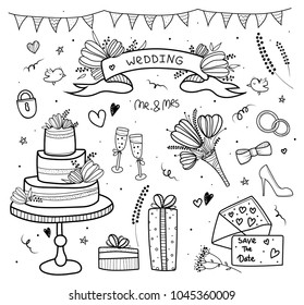 Wedding set, doodle. Hand drawn style.Hearts, flowers, ribbons, birds, words, cake, gifts, rings, invitation.