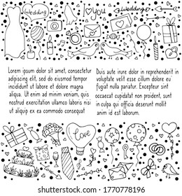 Juego de bodas. Estilo Doodle. Ilustración aislada vectorial con elementos de boda para el diseño de una postal.  Flechas, torta, vestido, globos, inscripciones, regalos, dulces sobre un fondo blanco.  