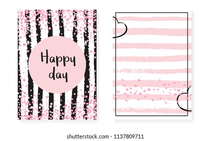 Wedding set with dots and sequins. Bridal shower invitation card with pink glitter confetti. Vertical stripes background. Elegant wedding set for party, event, save the date flyer.