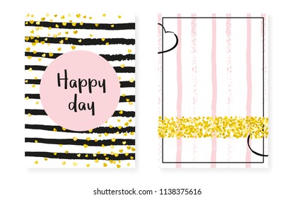 Wedding set with dots and sequins. Bridal shower invitation card with gold glitter confetti. Vertical stripes background. Luxury wedding set for party, event, save the date flyer.