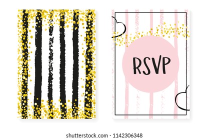 Wedding set with dots and sequins. Bridal shower invitation card with gold glitter confetti. Vertical stripes background. Creative wedding set for party, event, save the date flyer.