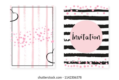 Wedding set with dots and sequins. Bridal shower invitation card with pink glitter confetti. Vertical stripes background. Hipster wedding set for party, event, save the date flyer.