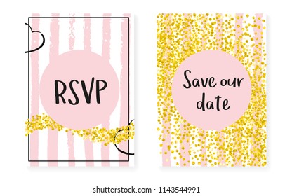 Wedding set with dots and sequins. Bridal shower invitation card with gold glitter confetti. Vertical stripes background. Elegant wedding set for party, event, save the date flyer.