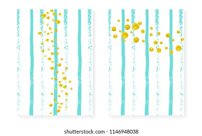 Wedding set with dots and sequins. Bridal shower invitation card with gold glitter confetti. Vertical mint stripes background. Fashion wedding set for party, event, save the date flyer