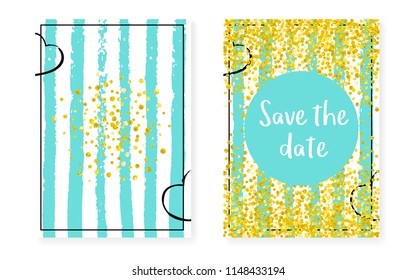 Wedding set with dots and sequins. Bridal shower invitation card with gold glitter confetti. Vertical mint stripes background. Vintage wedding set for party, event, save the date flyer