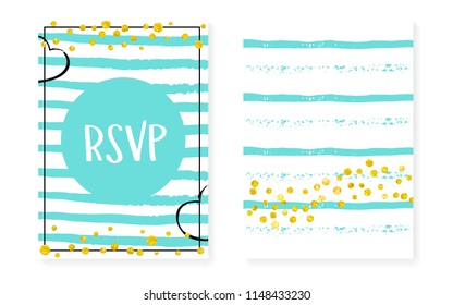 Wedding set with dots and sequins. Bridal shower invitation card with gold glitter confetti. Vertical mint stripes background. Trendy wedding set for party, event, save the date flyer