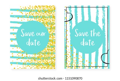 Wedding set with dots and sequins. Bridal shower invitation card with gold glitter confetti. Vertical mint stripes background. Stylish wedding set for party, event, save the date flyer