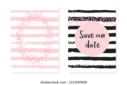 Wedding set with dots and sequins. Bridal shower invitation card with pink glitter confetti. Vertical stripes background. Creative wedding set for party, event, save the date flyer.
