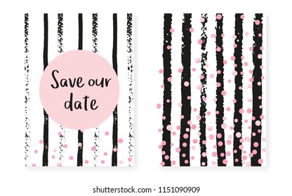 Wedding set with dots and sequins. Bridal shower invitation card with pink glitter confetti. Vertical stripes background. Retro wedding set for party, event, save the date flyer.