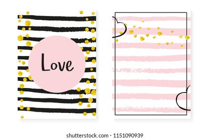Wedding set with dots and sequins. Bridal shower invitation card with gold glitter confetti. Vertical stripes background. Elegant wedding set for party, event, save the date flyer.