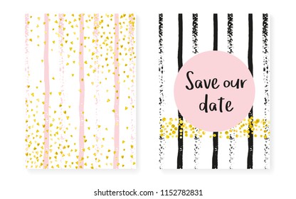 Wedding set with dots and sequins. Bridal shower invitation card with gold glitter confetti. Vertical stripes background. Elegant wedding set for party, event, save the date flyer.