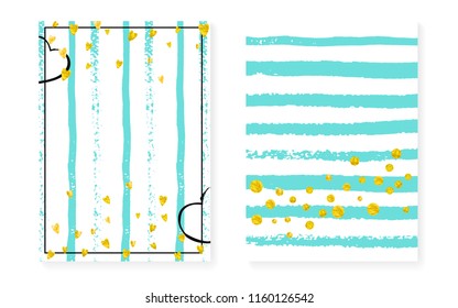 Wedding set with dots and sequins. Bridal shower invitation card with gold glitter confetti. Vertical mint stripes background. Luxury wedding set for party, event, save the date flyer