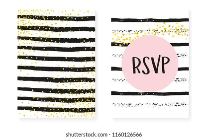 Wedding set with dots and sequins. Bridal shower invitation card with gold glitter confetti. Vertical stripes background. Creative wedding set for party, event, save the date flyer.