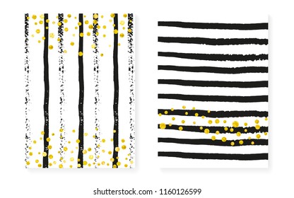 Wedding set with dots and sequins. Bridal shower invitation card with gold glitter confetti. Vertical stripes background. Stylish wedding set for party, event, save the date flyer.