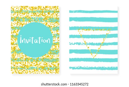 Wedding set with dots and sequins. Bridal shower invitation card with gold glitter confetti. Vertical turquoise stripes background. Hipster wedding set for party, event, save the date flyer
