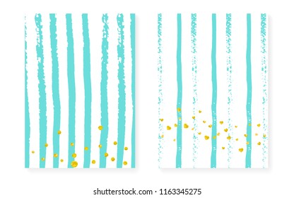 Wedding set with dots and sequins. Bridal shower invitation card with gold glitter confetti. Vertical turquoise stripes background. Creative wedding set for party, event, save the date flyer