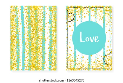 Wedding set with dots and sequins. Bridal shower invitation card with gold glitter confetti. Vertical mint stripes background. Hipster wedding set for party, event, save the date flyer