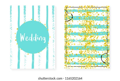 Wedding set with dots and sequins. Bridal shower invitation card with gold glitter confetti. Vertical mint stripes background. Stylish wedding set for party, event, save the date flyer