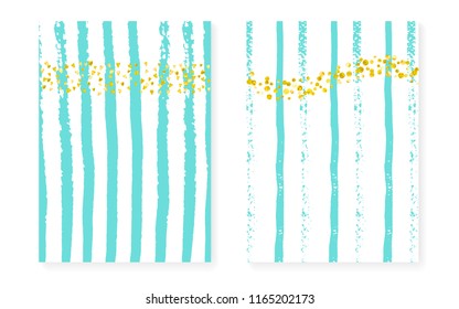 Wedding set with dots and sequins. Bridal shower invitation card with gold glitter confetti. Vertical turquoise stripes background. Vintage wedding set for party, event, save the date flyer