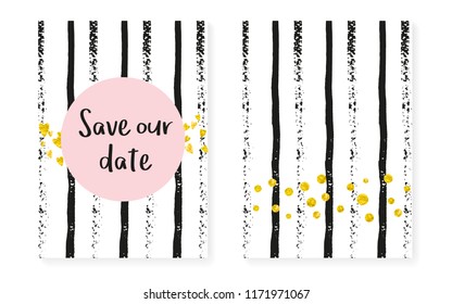 Wedding set with dots and sequins. Bridal shower invitation card with gold glitter confetti. Vertical stripes background. Elegant wedding set for party, event, save the date flyer.