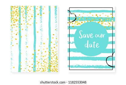 Wedding set with dots and sequins. Bridal shower invitation card with gold glitter confetti. Vertical turquoise stripes background. Trendy wedding set for party, event, save the date flyer