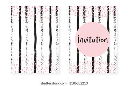 Wedding set with dots and sequins. Bridal shower invitation card with pink glitter confetti. Vertical stripes background. Creative wedding set for party, event, save the date flyer.