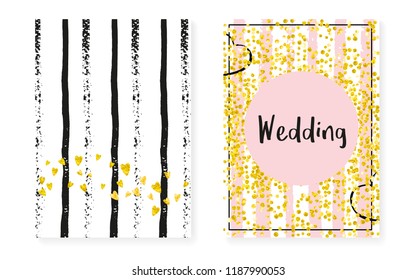 Wedding set with dots and sequins. Bridal shower invitation card with gold glitter confetti. Vertical stripes background. Trendy wedding set for party, event, save the date flyer.