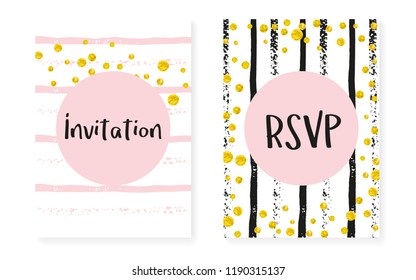 Wedding set with dots and sequins. Bridal shower invitation card with gold glitter confetti. Vertical stripes background. Tender wedding set for party, event, save the date flyer.