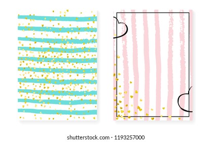 Wedding set with dots and sequins. Bridal shower invitation card with gold glitter confetti. Vertical stripes background. Hipster wedding set for party, event, save the date flyer.