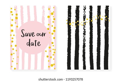 Wedding set with dots and sequins. Bridal shower invitation card with gold glitter confetti. Vertical stripes background. Hipster wedding set for party, event, save the date flyer.