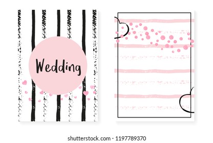 Wedding set with dots and sequins. Bridal shower invitation card with pink glitter confetti. Vertical stripes background. Stylish wedding set for party, event, save the date flyer.
