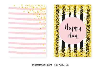 Wedding set with dots and sequins. Bridal shower invitation card with gold glitter confetti. Vertical stripes background. Fashion wedding set for party, event, save the date flyer.