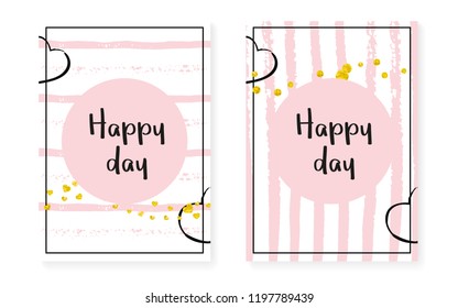Wedding set with dots and sequins. Bridal shower invitation card with gold glitter confetti. Vertical stripes background. Trendy wedding set for party, event, save the date flyer.