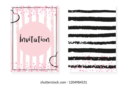 Wedding set with dots and sequins. Bridal shower invitation card with pink glitter confetti. Vertical stripes background. Retro wedding set for party, event, save the date flyer.