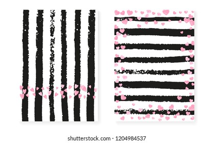 Wedding set with dots and sequins. Bridal shower invitation card with pink glitter confetti. Vertical stripes background. Hipster wedding set for party, event, save the date flyer.