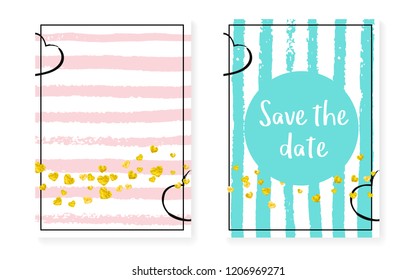 Wedding set with dots and sequins. Bridal shower invitation card with gold glitter confetti. Vertical stripes background. Retro wedding set for party, event, save the date flyer.