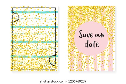 Wedding set with dots and sequins. Bridal shower invitation card with gold glitter confetti. Vertical stripes background. Retro wedding set for party, event, save the date flyer.