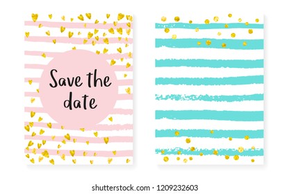 Wedding set with dots and sequins. Bridal shower invitation card with gold glitter confetti. Vertical stripes background. Luxury wedding set for party, event, save the date flyer.