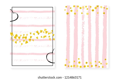 Wedding set with dots and sequins. Bridal shower invitation card with gold glitter confetti. Vertical stripes background. Creative wedding set for party, event, save the date flyer.