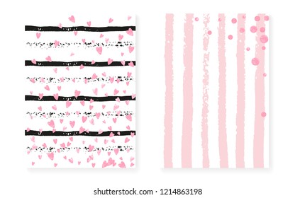 Wedding set with dots and sequins. Bridal shower invitation card with pink glitter confetti. Vertical stripes background. Fashion wedding set for party, event, save the date flyer.