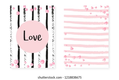 Wedding set with dots and sequins. Bridal shower invitation card with pink glitter confetti. Vertical stripes background. Hipster wedding set for party, event, save the date flyer.