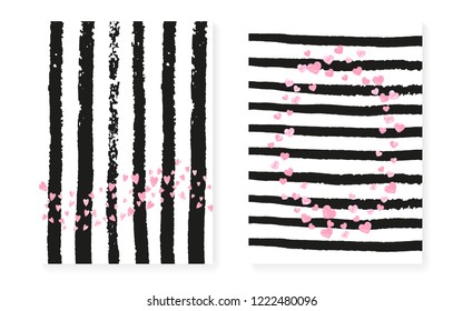 Wedding set with dots and sequins. Bridal shower invitation card with pink glitter confetti. Vertical stripes background. Luxury wedding set for party, event, save the date flyer.