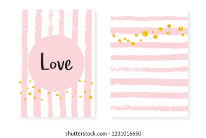 Wedding set with dots and sequins. Bridal shower invitation card with gold glitter confetti. Vertical stripes background. Creative wedding set for party, event, save the date flyer.