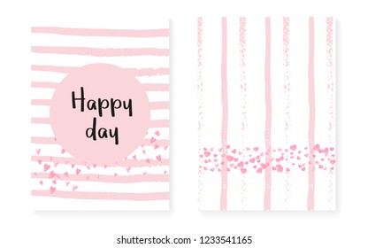 Wedding set with dots and sequins. Bridal shower invitation card with pink glitter confetti. Vertical stripes background. Retro wedding set for party, event, save the date flyer.