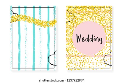 Wedding set with dots and sequins. Bridal shower invitation card with gold glitter confetti. Vertical stripes background. Stylish wedding set for party, event, save the date flyer.